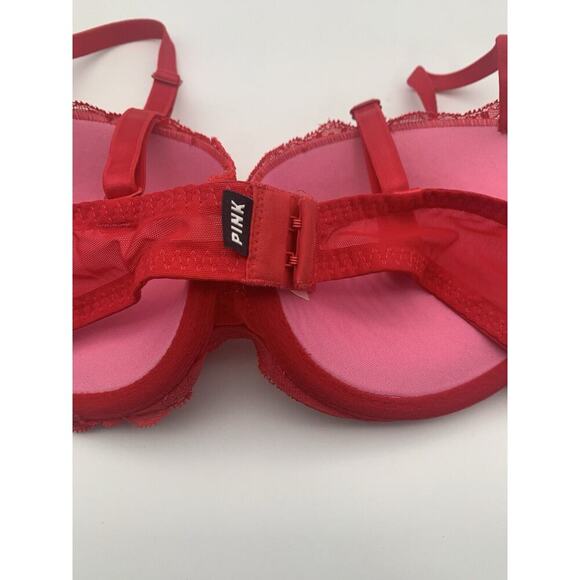Pink Victorias Secret Date Push Up Bra Red W Lace 36C Padded Convertible Straps - Picture 4 of 8